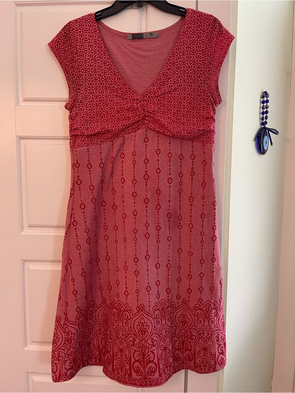 Athleta size L Red Patterned V-Neck Women's Dress. Runs small.